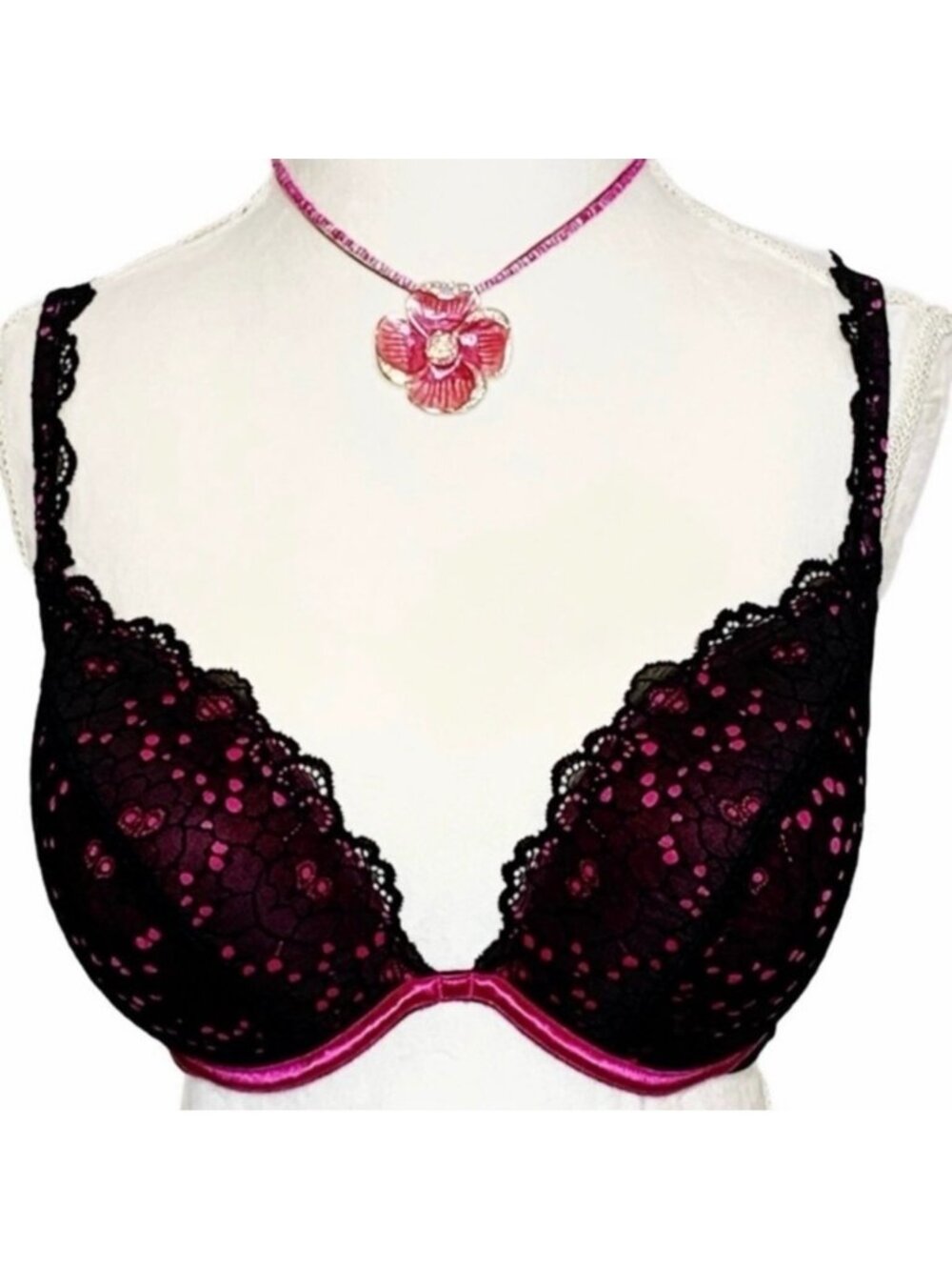 PLUNGE BRA Pink and black Lace Underwire Plunge Adjustable Hook n eye 36DD/36E